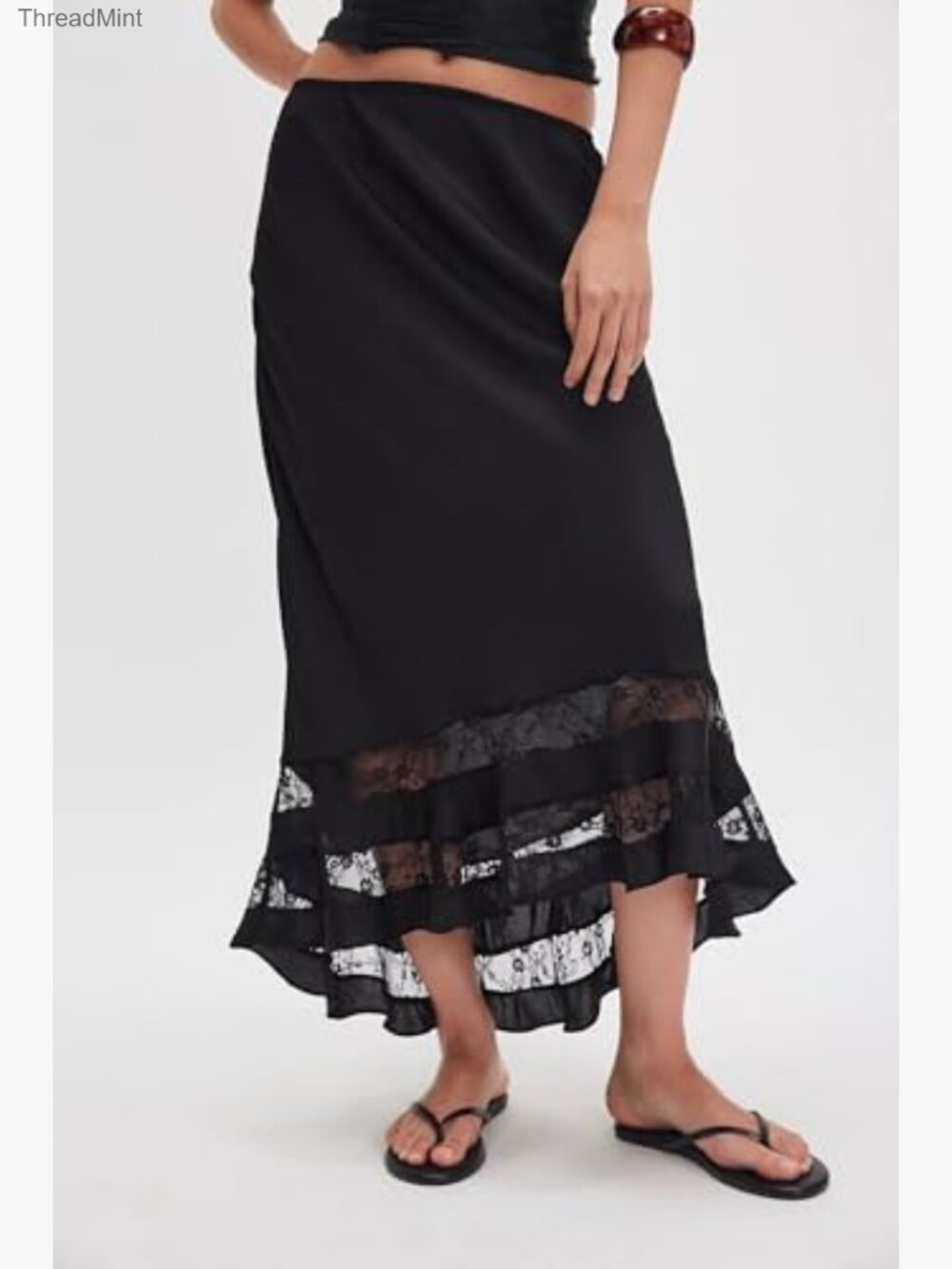 Lace Trim Satin Maxi Skirt A-Line Handkerchief Hem Flowy Silk Half Slip Long - Picture 2 of 4
